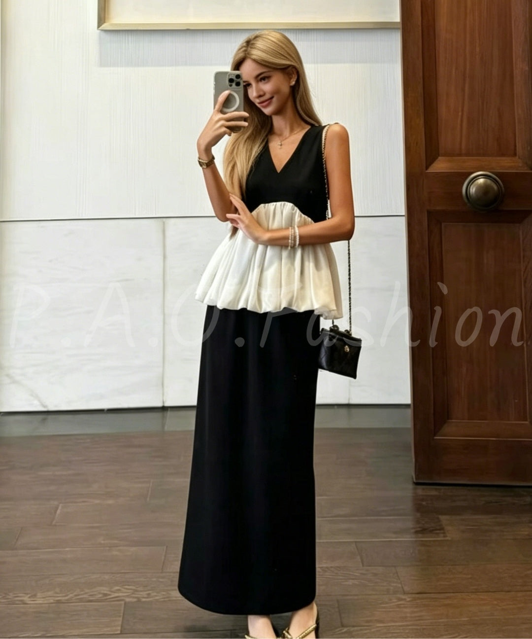 Black & White Contrast Peplum Top & Straight Skirt Set