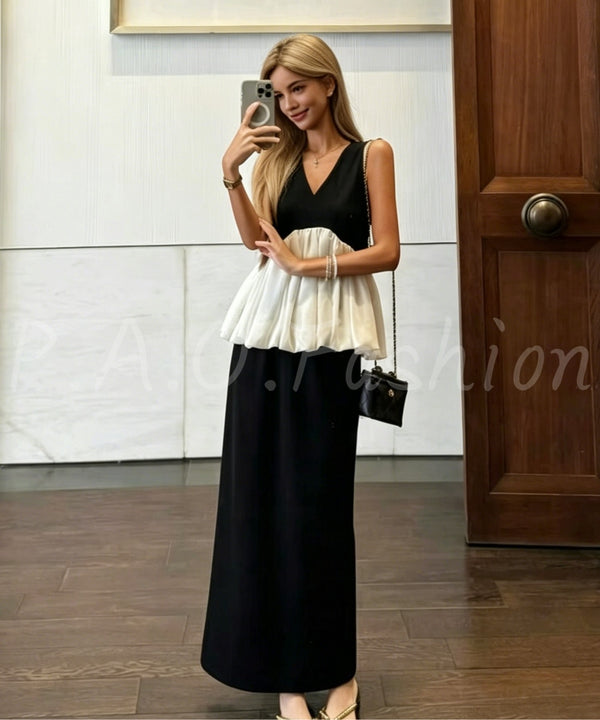 Black & White Contrast Peplum Top & Straight Skirt Set