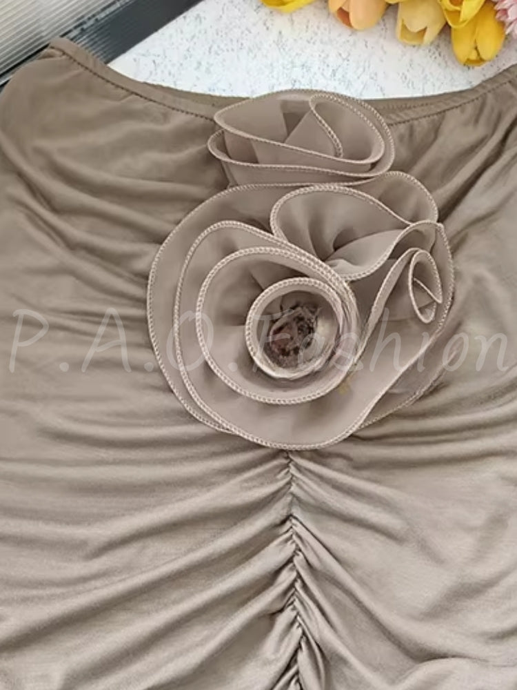 Rose Appliqué Halter Cutout Maxi Skirt Set