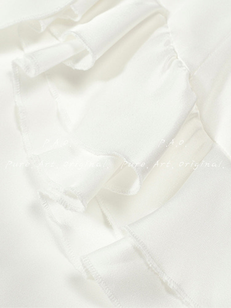 White Asymmetrical Ruffle Chiffon Dress