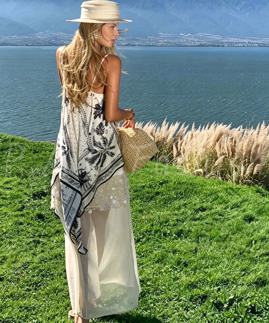Tropical Palm Print Sequin Patchwork Strappy Resort Maxi Dress – P.A.O