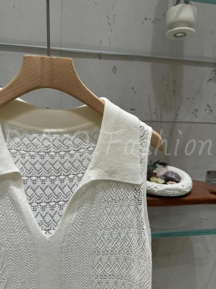 Hollow-Knit Lyocell Sleeveless Polo Top
