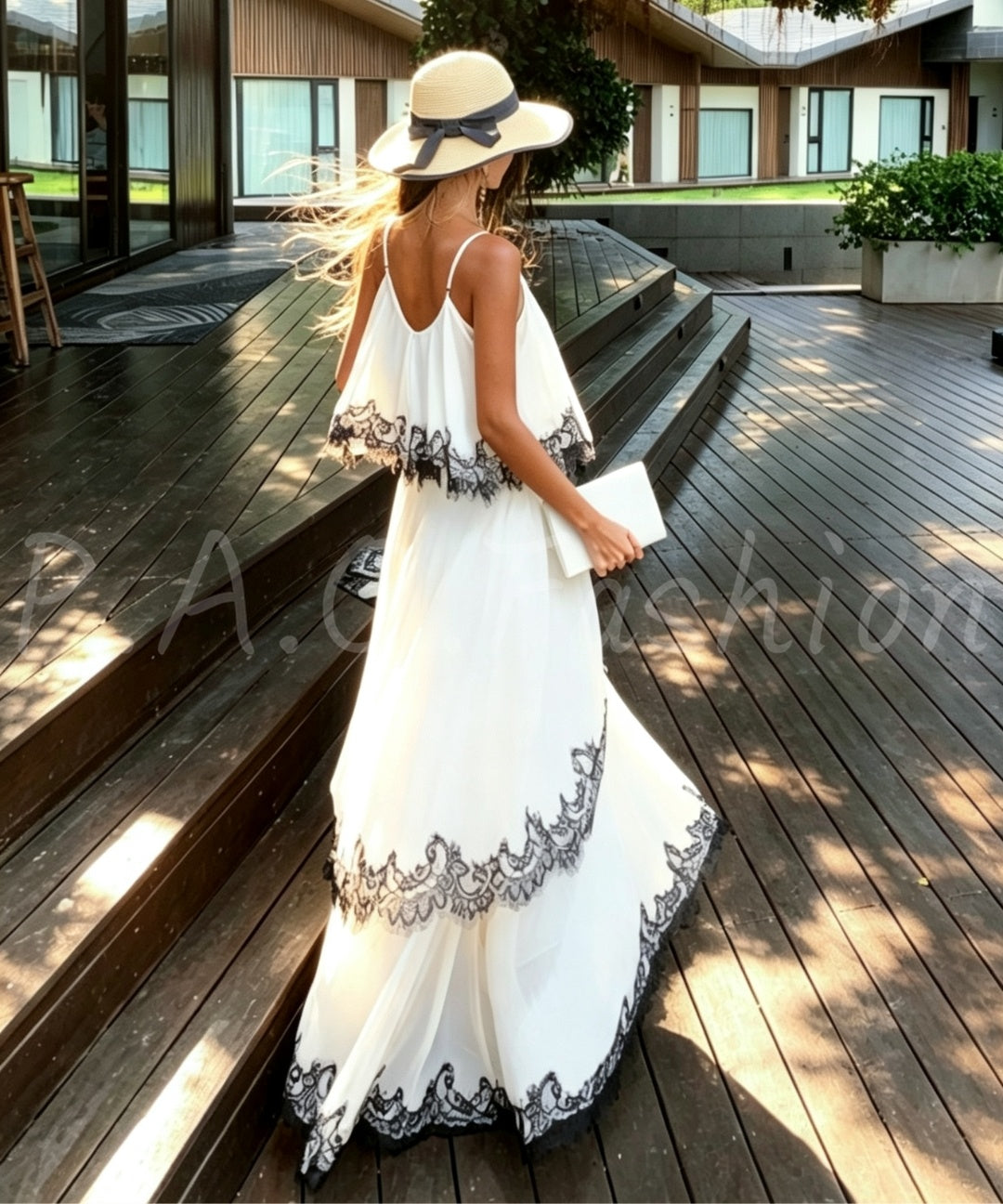 Contrast Lace Tiered Chiffon Maxi Dress