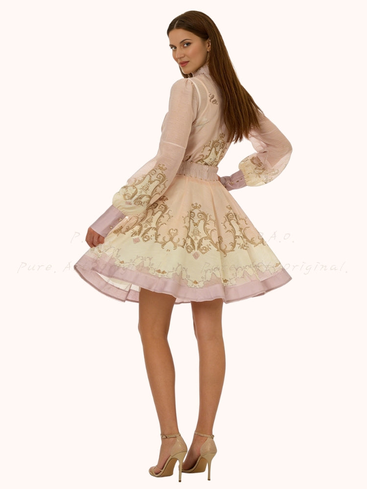 Vintage Print Collar Top & Flared Mini Skirt 3-Piece Set