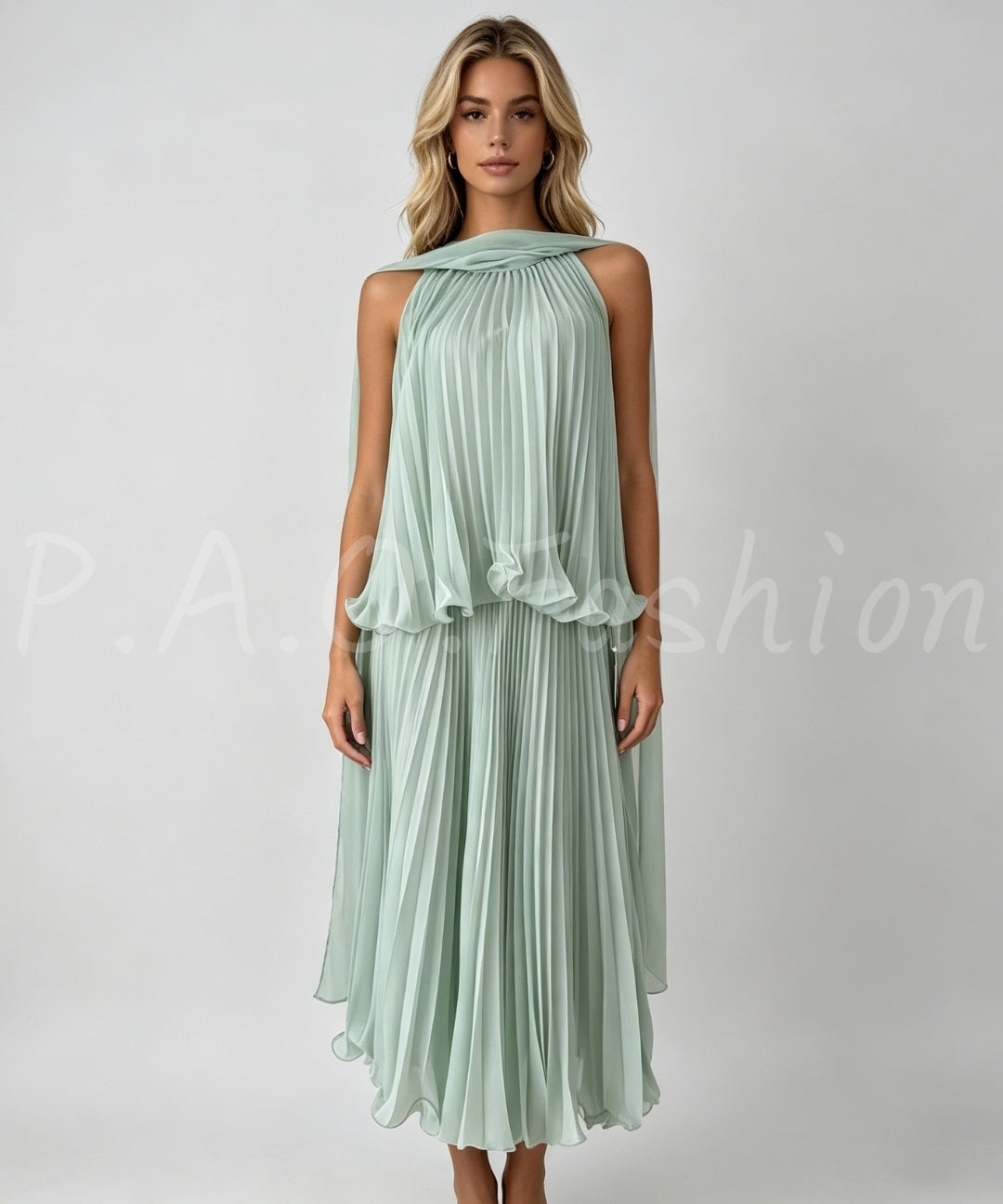 Halter Pleated Chiffon Top & Maxi Skirt Set[Available Now]