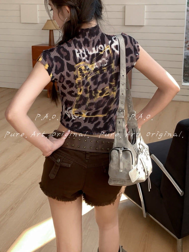 Leopard Print Ruched Mock Neck Crop Top