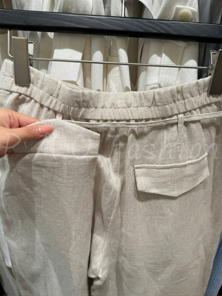 French Relaxed Linen Drawstring Wide-Leg Pants