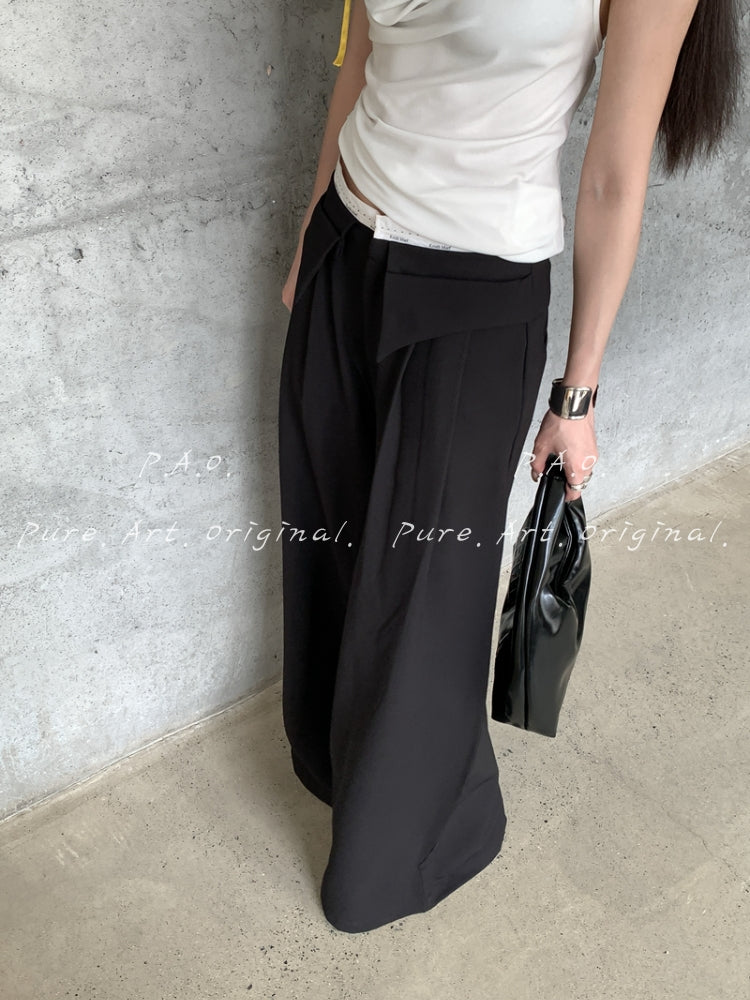 Contrast Fold-Over Wide-Leg Pants