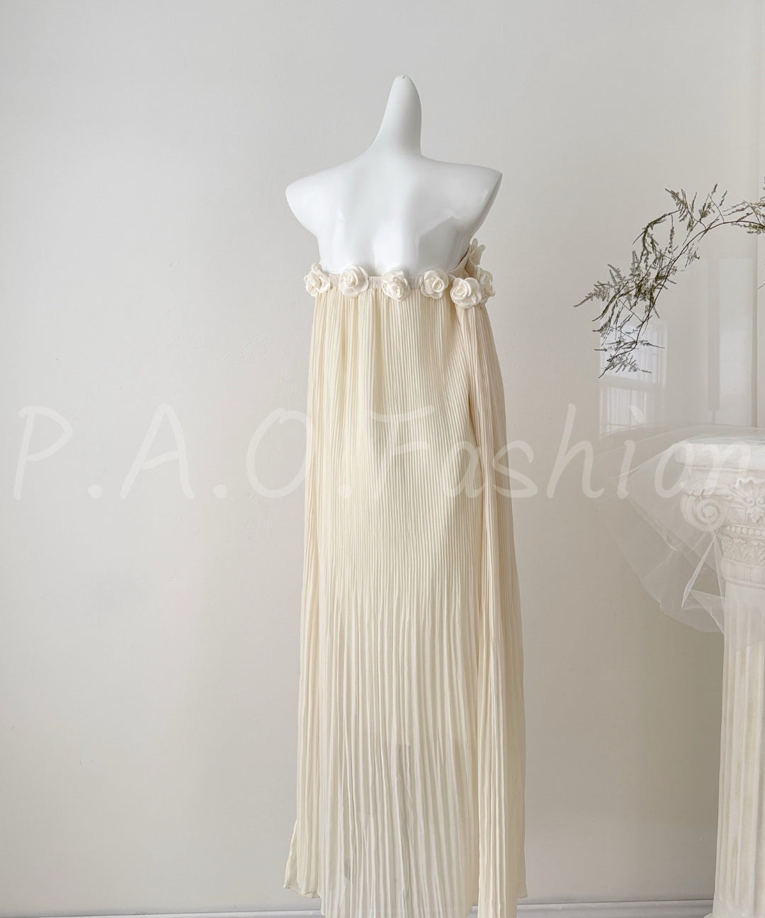 Strapless Pleated Chiffon Maxi Dress with Rosette Detail[Available Now]