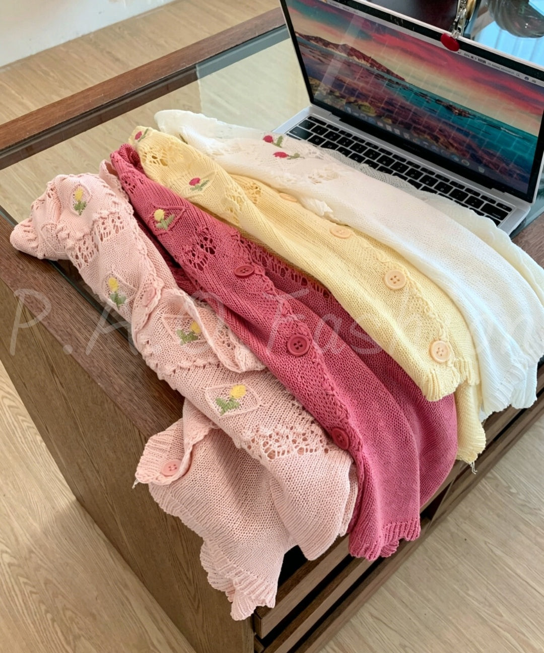 Embroidered Open-Knit V-Neck Short Sleeve Cardigan