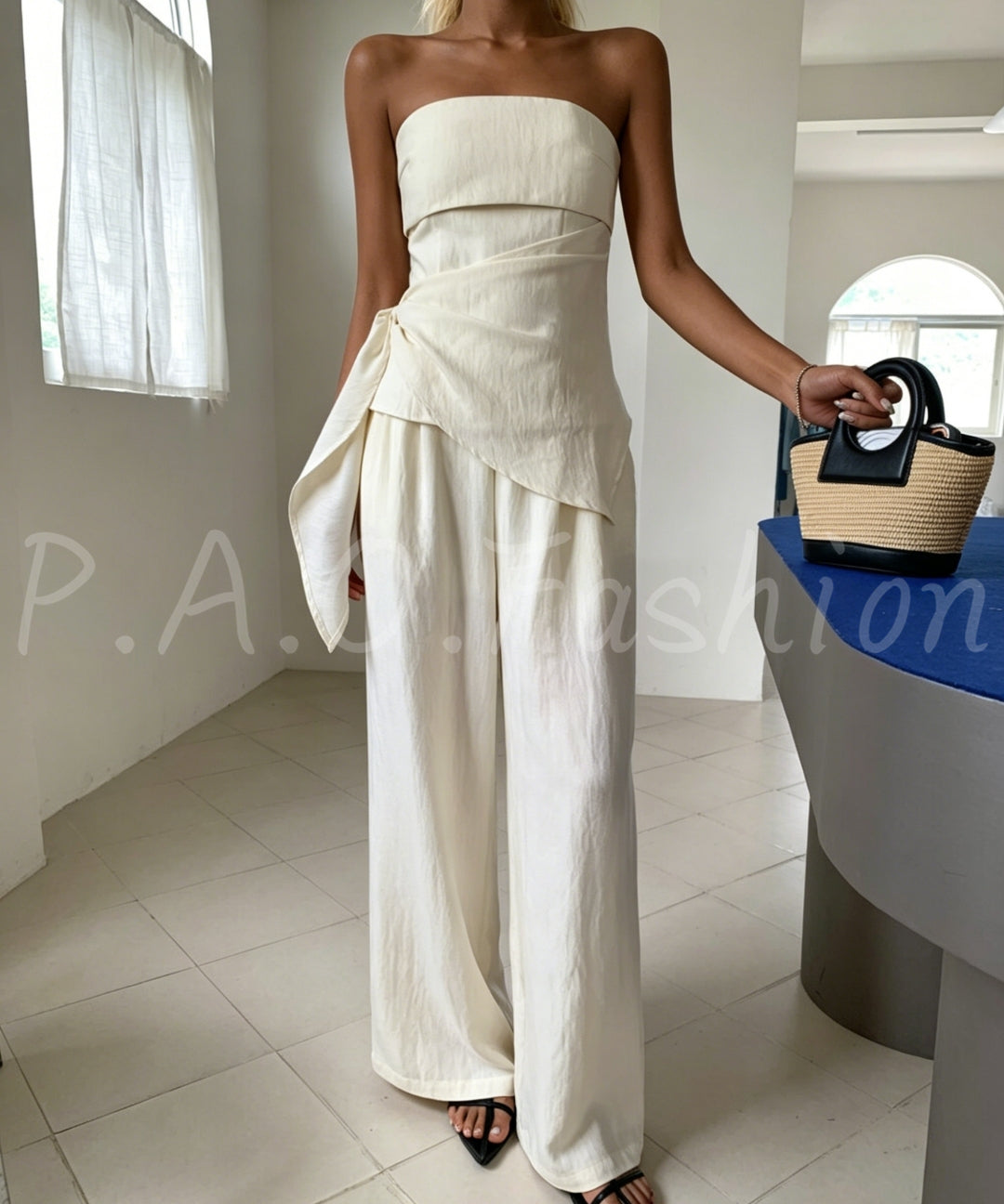 Twist-Front Strapless Wide-Leg Pants Set[Available Now]