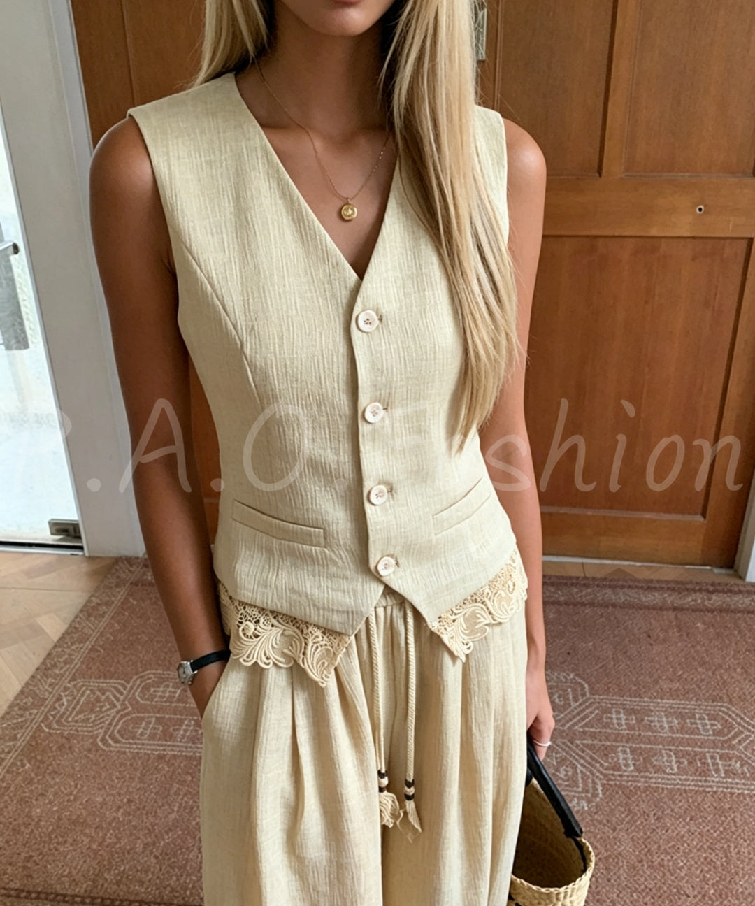 Bohemian Lace Trim Vest & Lantern Pants Set[Available Now]
