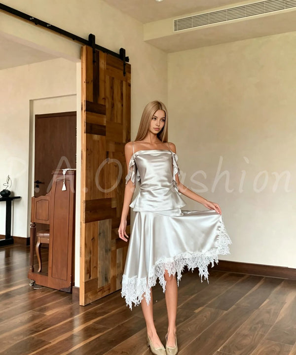 Pearl Satin Cowl Neck Top & Asymmetric Lace Skirt Set