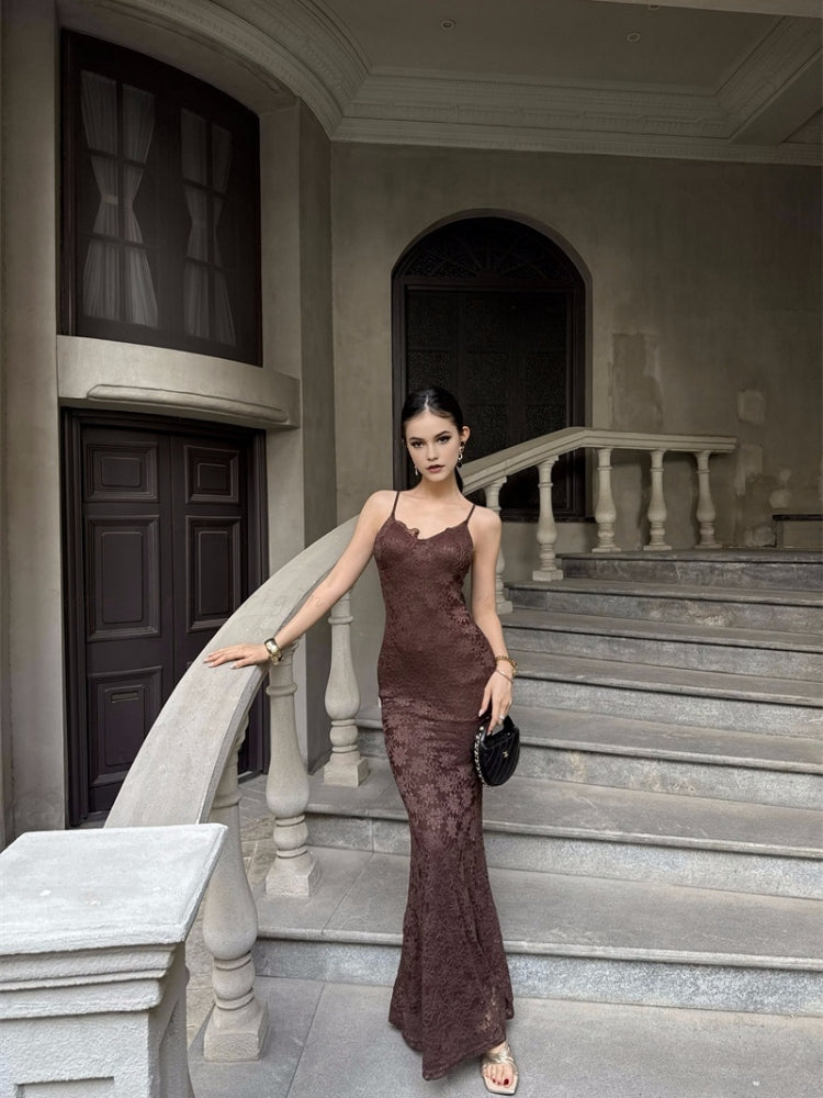 3D Floral Lace Waist-Cinching Maxi Dress