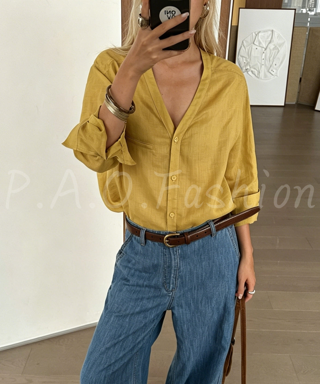100% Ramie Relaxed V-Neck Shirt
