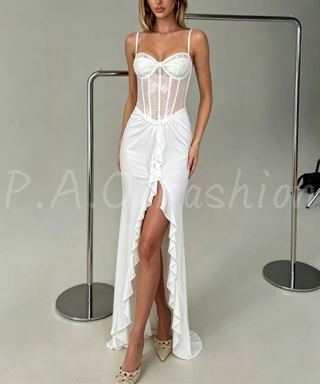 Lace Corset Strap Slit Maxi Dress[Available Now]