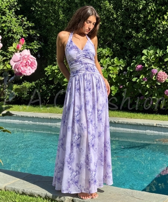 Floral Halter V-Neck Maxi Dress