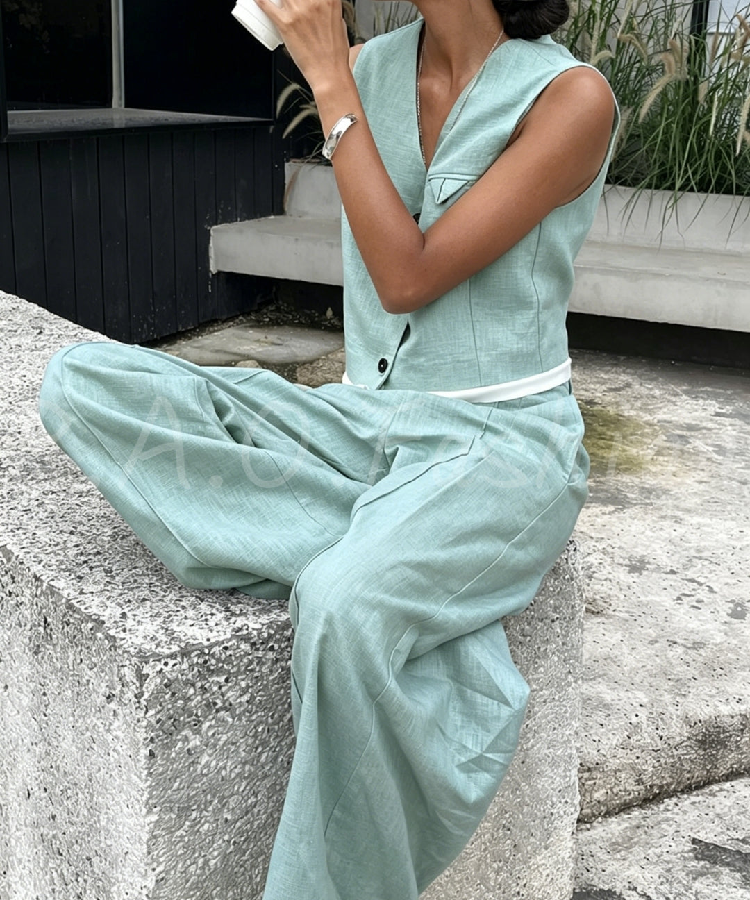 Ramie-Cotton Blend Vest & Wide-Leg Pants Set[Available Now]