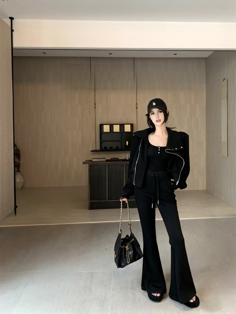 Slim-Fit Asymmetrical Zip Mock Neck Sweatshirt & Flared Pants Set