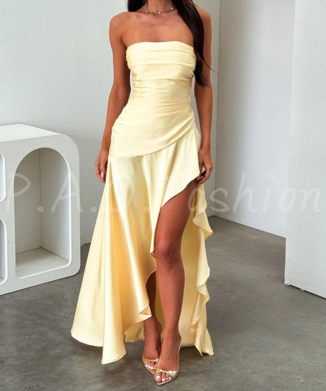 Satin Strapless Asymmetric Slit Dress[Available Now]
