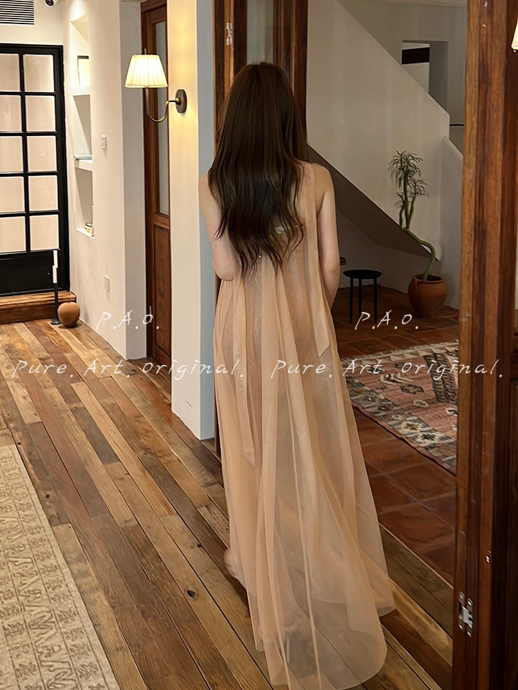 Strapless Mesh Train Maxi Dress
