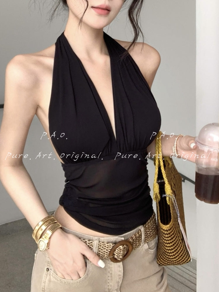 Halter Deep V Ruched Mesh Backless Top