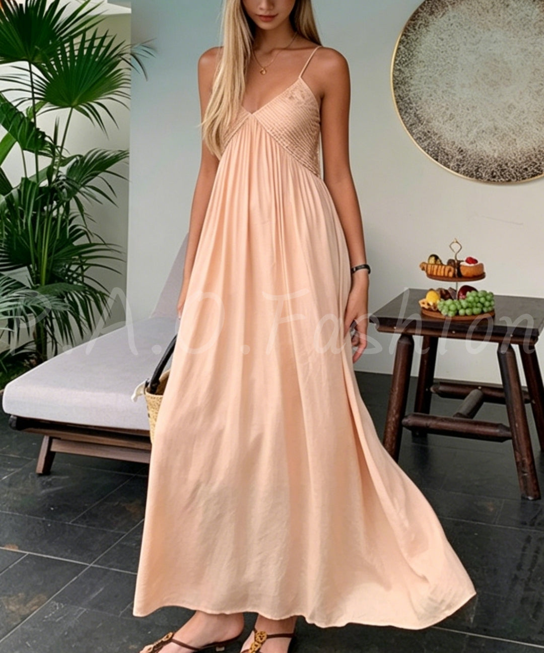 Linen Blend V-Neck Slip Maxi Dress[Available Now]