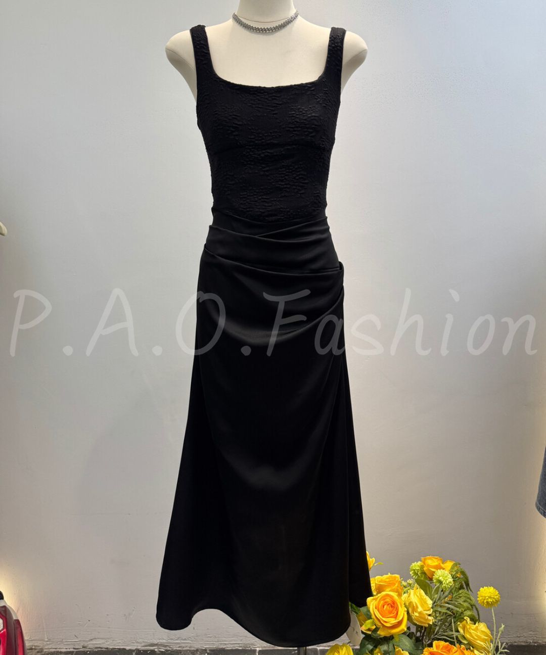 Square Neck Lace Corset Satin Mermaid Maxi Dress