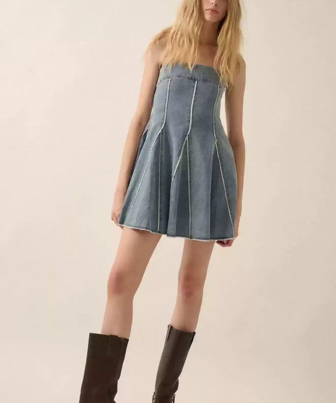 Vintage Frayed Tube Denim Mini Dress