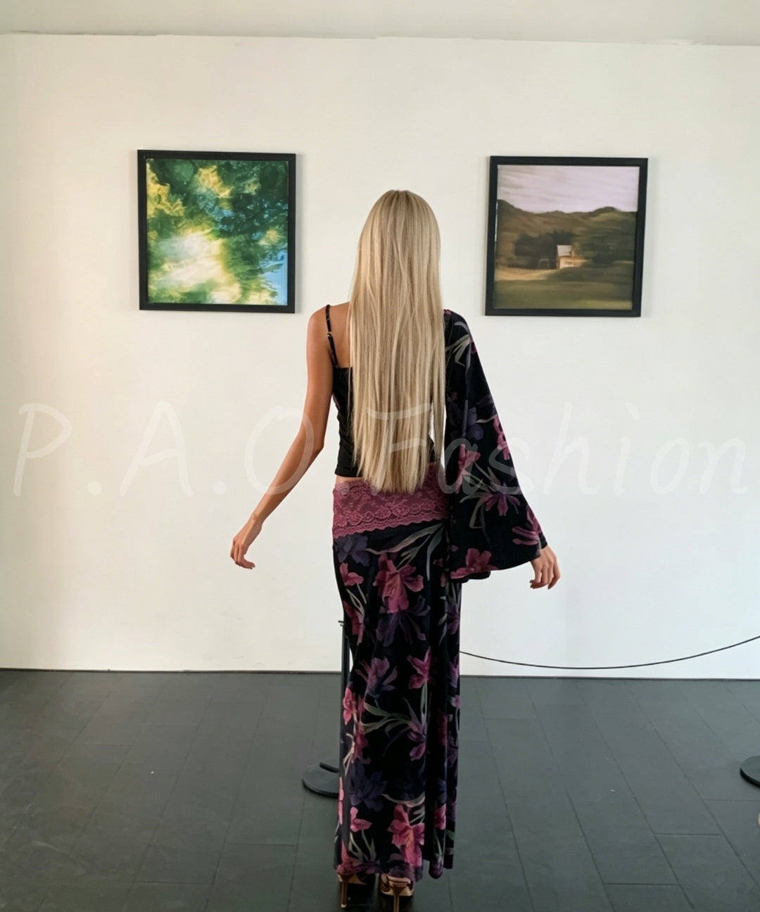 One-Shoulder Floral Mesh Top & Slit Maxi Skirt Set