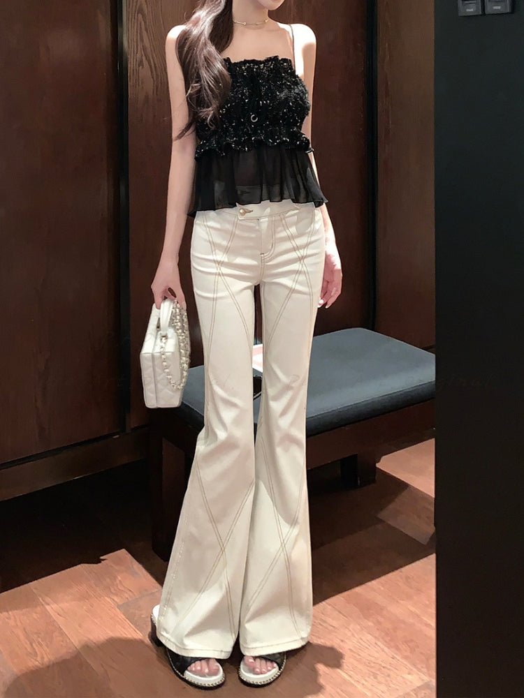 Gold-Button Contrast Stitch Stretch Flared Jeans