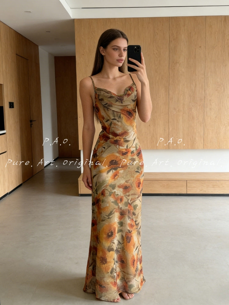 SOLEIL DRAPED HALTER MERMAID MIDI DRESS