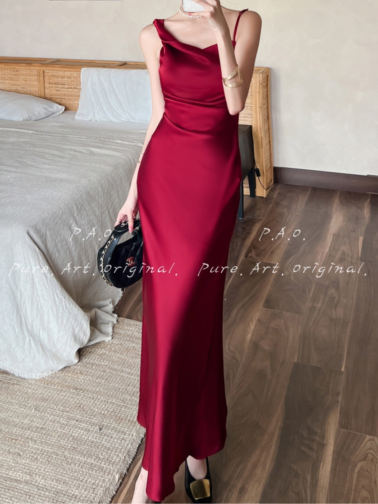 Satin Asymmetric Slip Maxi Dress