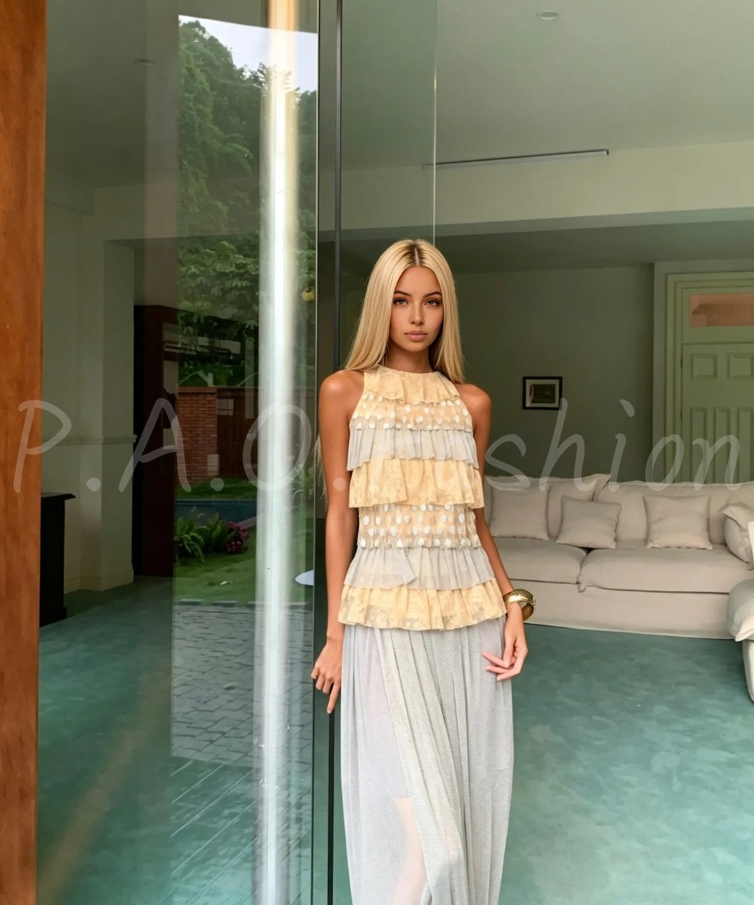 Shimmer Halter Tiered Mesh Top & Twist Mesh Midi Skirt Two-Piece Set