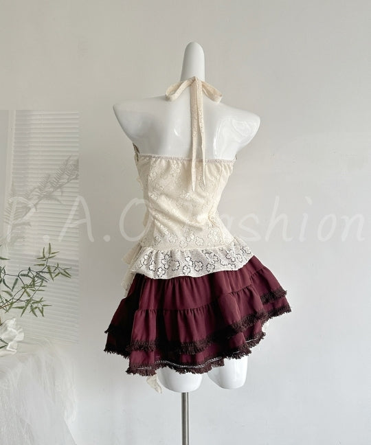 Boho Lace Halter Top & Burgundy Ruffle Mini Set[Available Now]