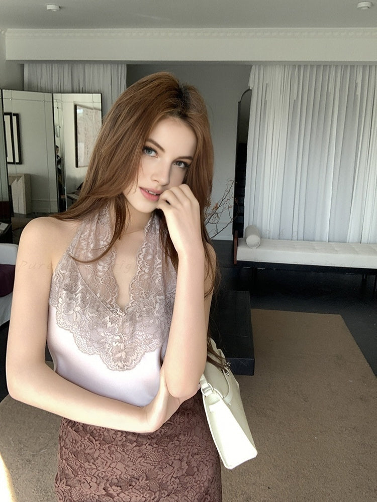 Lace Panel Halter Neck Cami