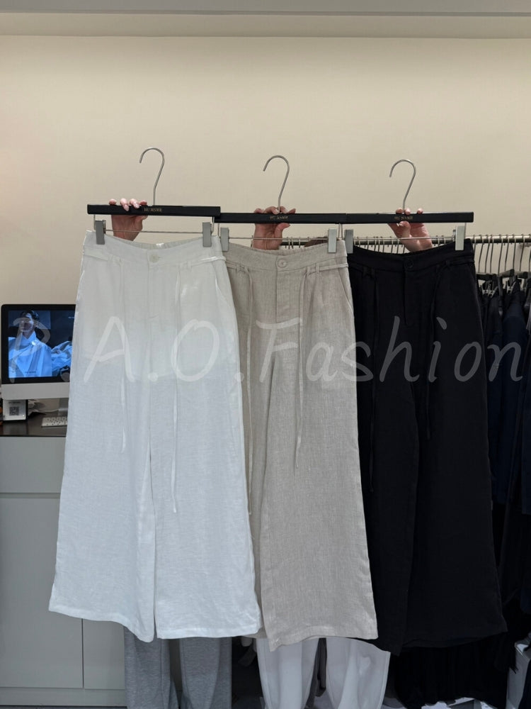 French Relaxed Linen Drawstring Wide-Leg Pants
