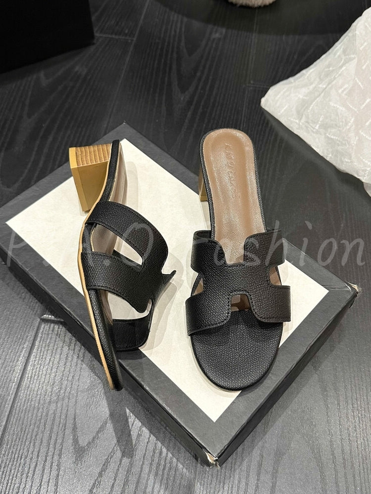Classic H-Strap Square-Toe Block Heel Slide Sandals