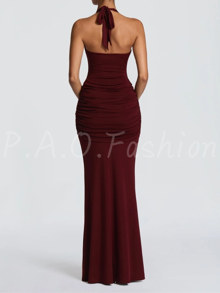 Twist Halter Ruched Open-Back Mermaid Maxi Dress