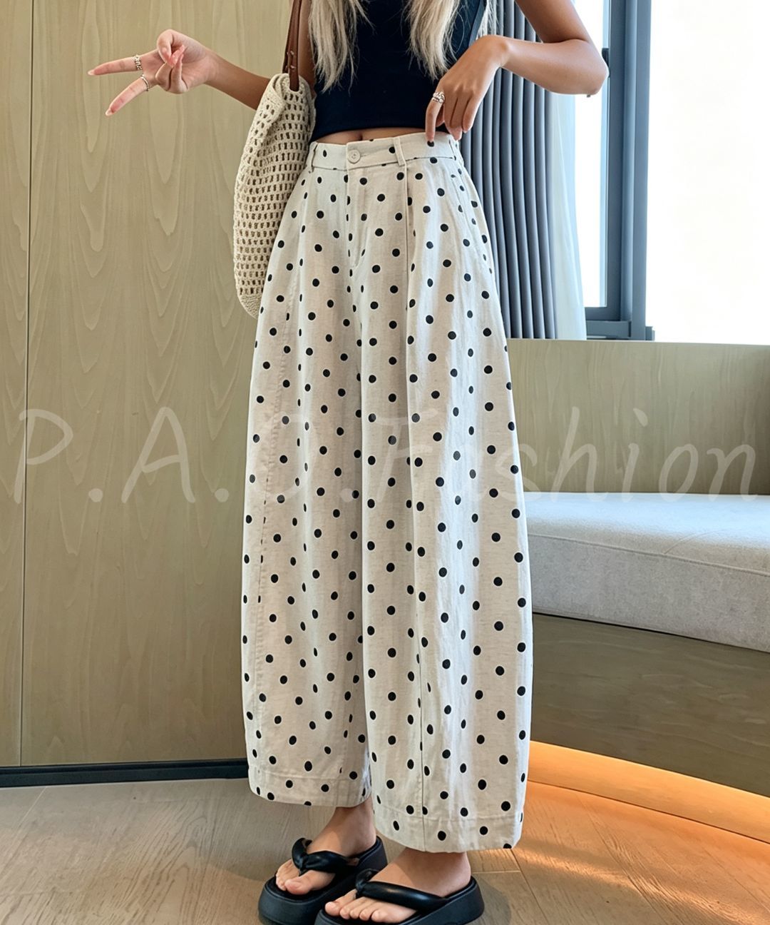 Vintage Polka Dot Linen Blend Cropped Wide-Leg Pants