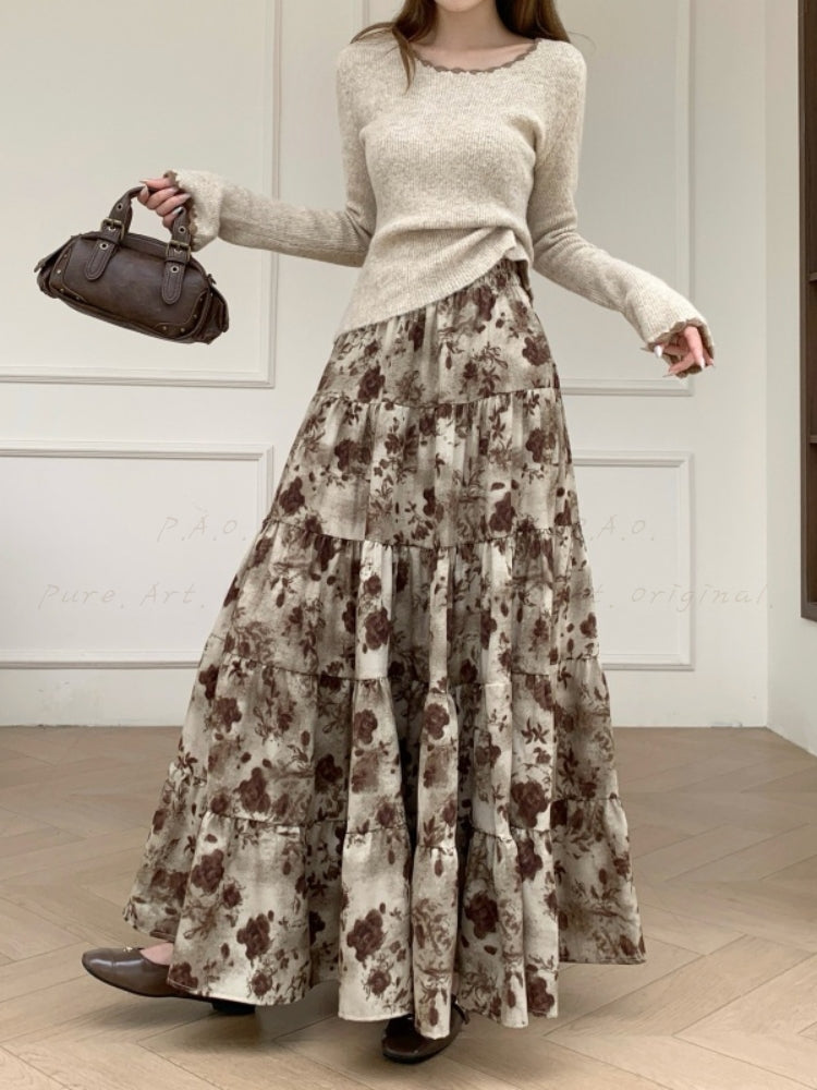Floral Print Layered A-Line Maxi Skirt