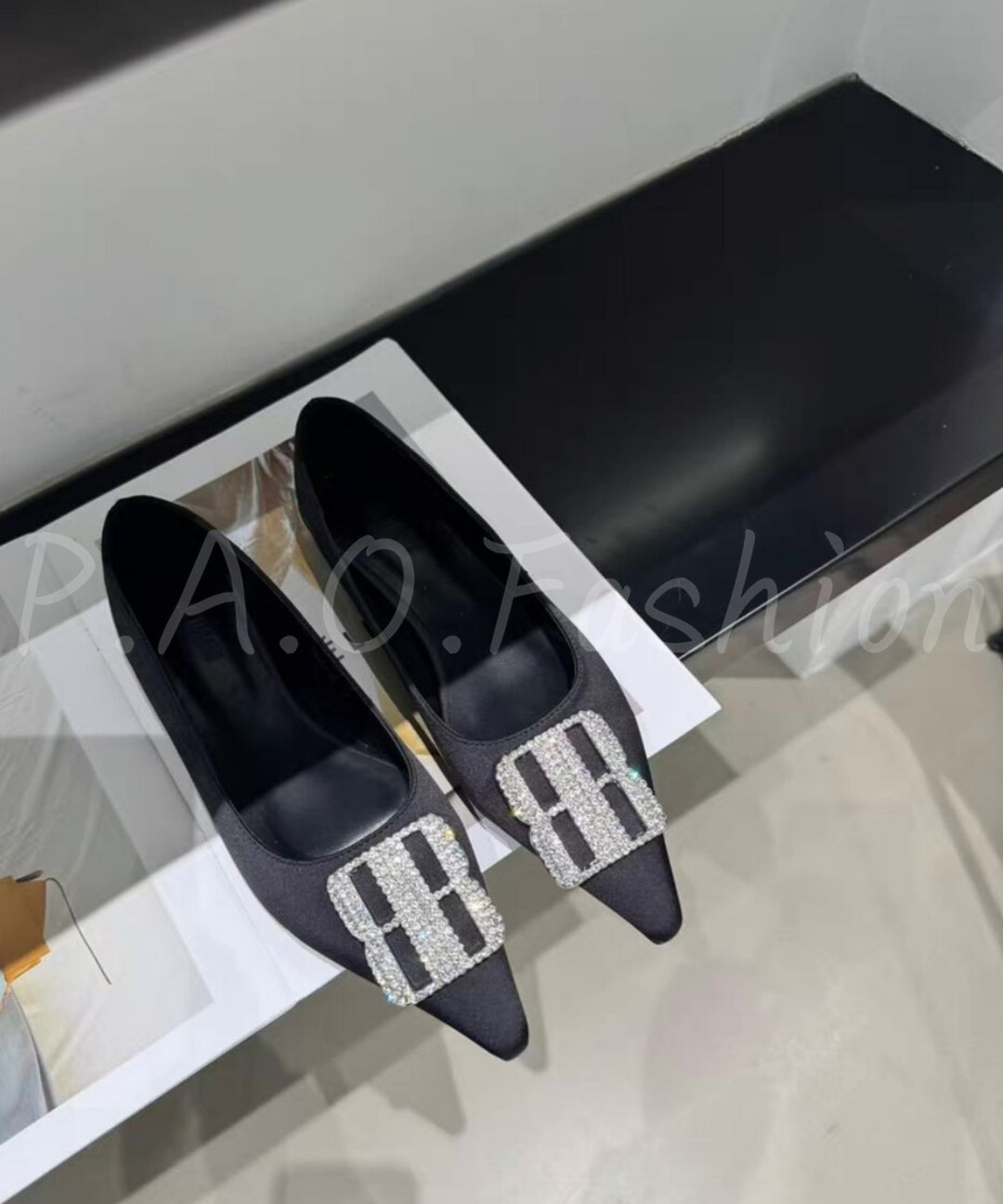 Pointed-Toe Satin Flats with Rhinestone Buckle