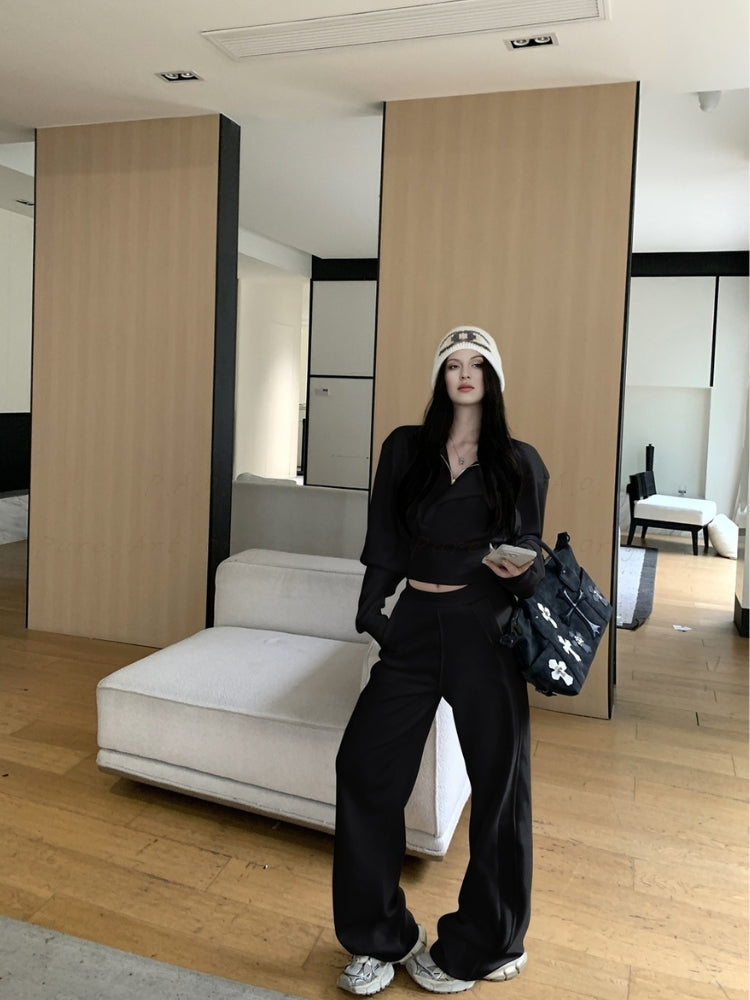 Cinched Waist Half-Zip Mock Neck Sweatshirt & Wide-Leg Pants Set