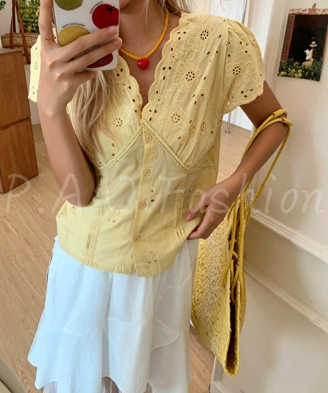 Lace Trim Embroidered Cutwork V-Neck Cropped Blouse