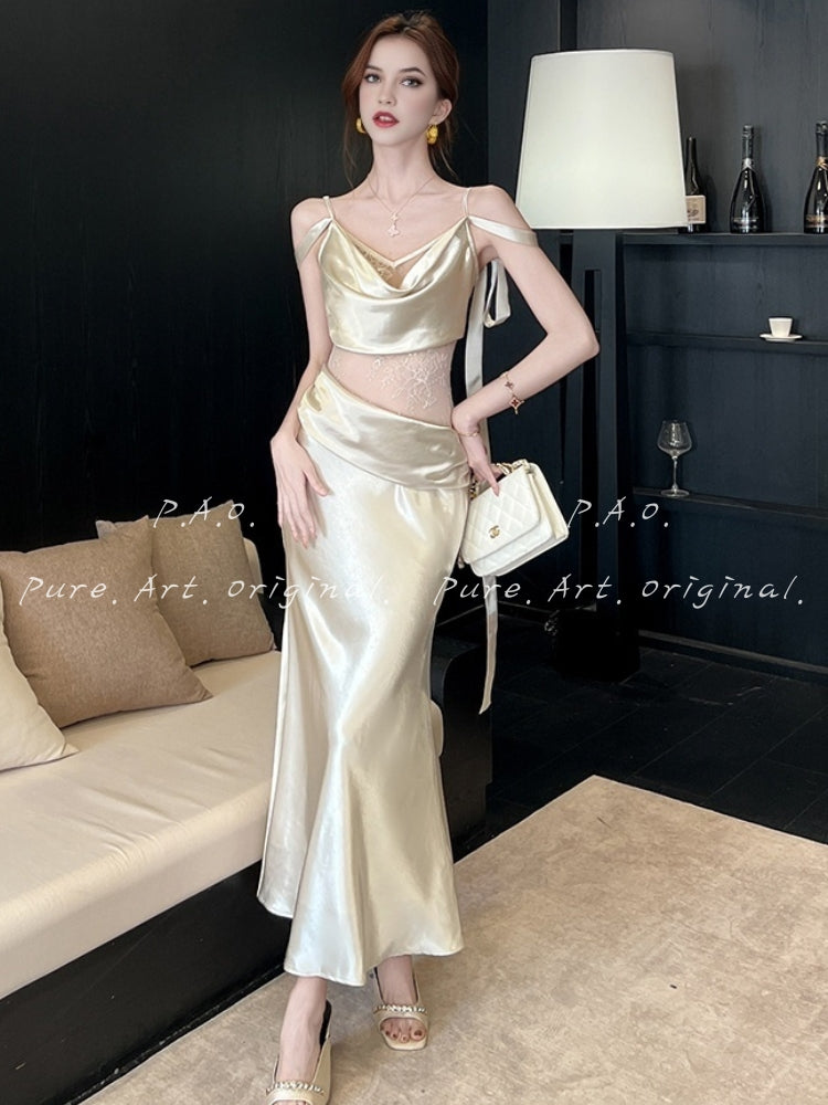 CELINE SATIN LACE MERMAID MAXI DRESS