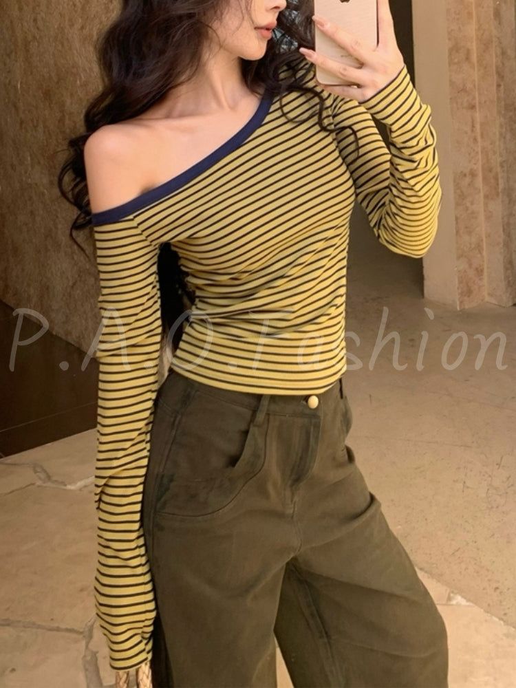 Off-Shoulder Striped Long Sleeve Top