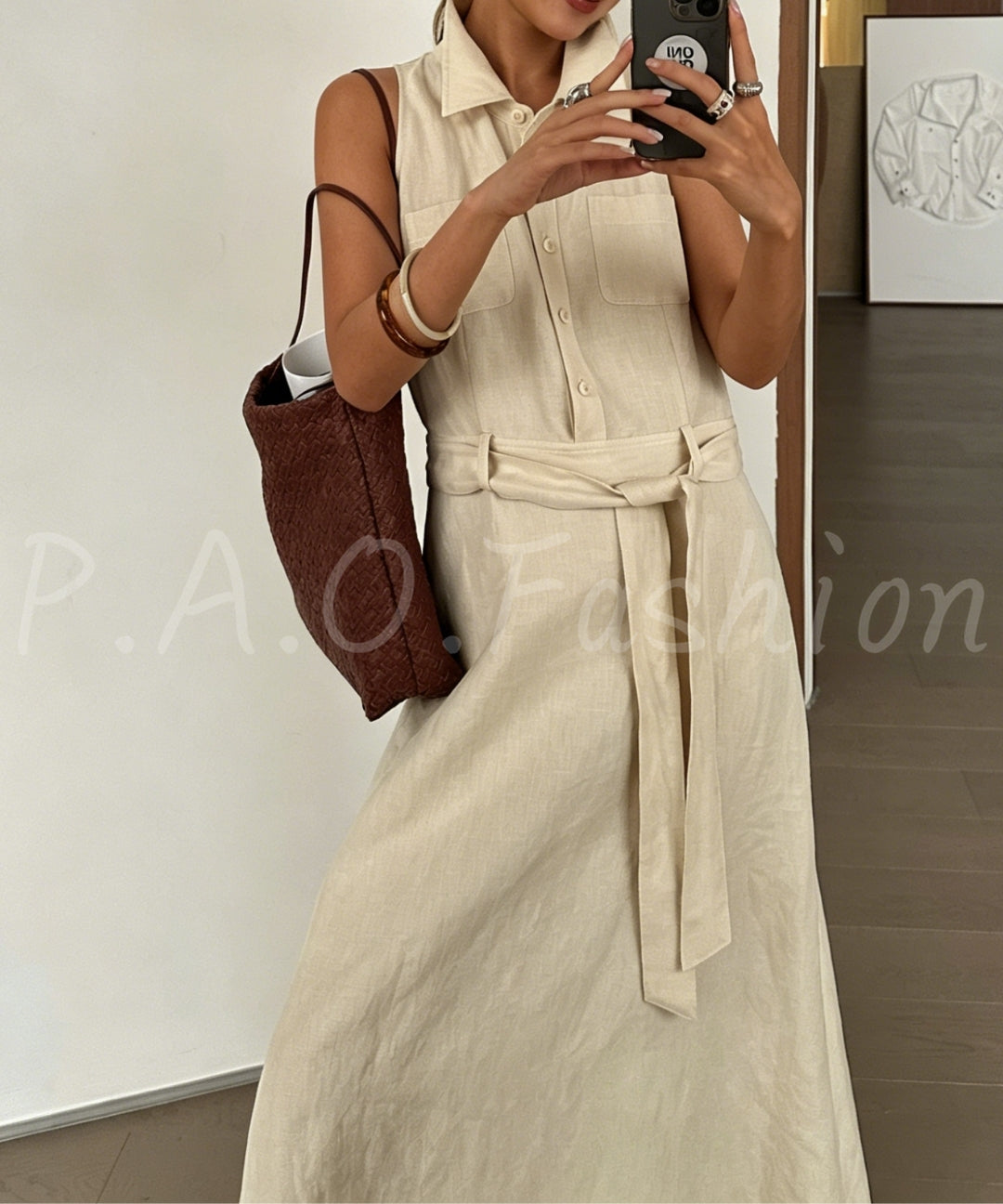 Linen Blend Sleeveless Shirt Dress