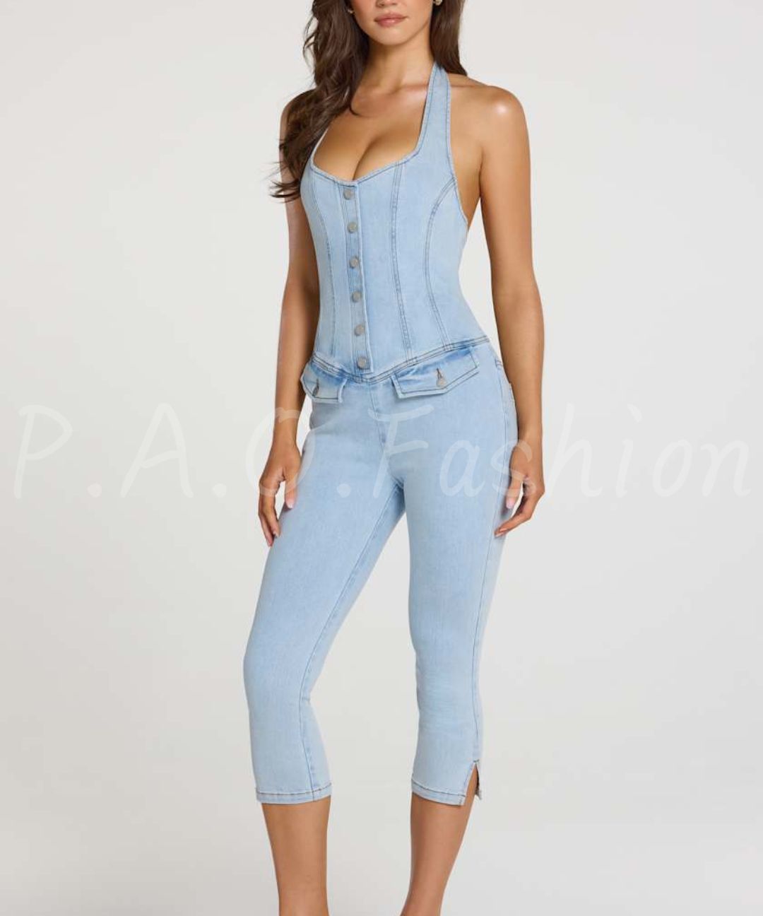 Halter Denim Capri Jumpsuit