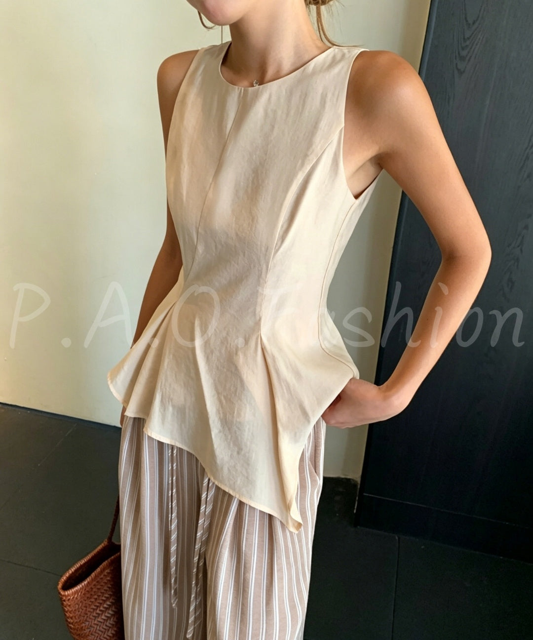 Asymmetrical Waist-Detail Sleeveless Top & Striped Wide-Leg Two-Piece Set