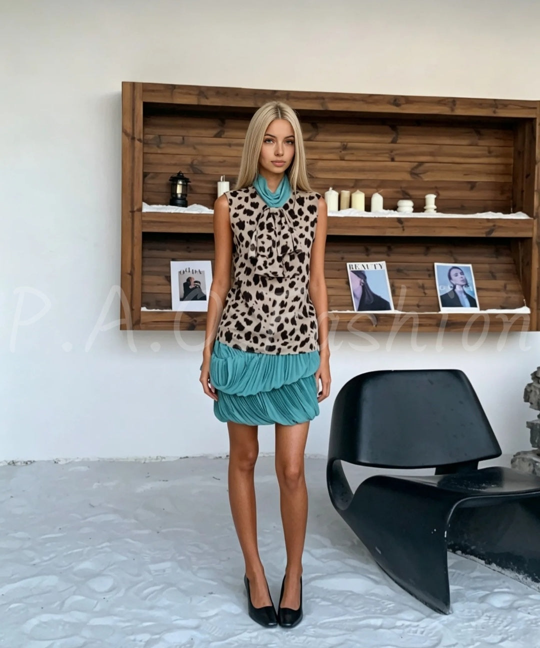 Leopard Print Sleeveless Blouse & Pleated Bubble Mini Skirt Two-Piece Set